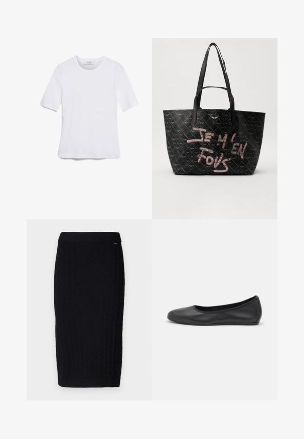 Valge lühikeste varrukatega T-särk ribatud kangast. Ümara kaelusega, tavalisest sobivusest ja peente õmbluse detailidega. Ilma mustrite või graafikateta.; Armani Exchange GONNA - Pliiatsseelik - black; Musthave mustika tantsutossud mustast nahast, ümmarguse varbaga, siledast tekstuurist, minimaalse õmblusdetailiga ja paindliku tallakujundusega.; Must kuhja musta kotiga, tekstureeritud materjaliga, mis on kaetud rombikujuliste mustritega. Kotil on õlavarre rihmad ja julged punased ja valged tekstid, mis ütlevad "JE M'EN FOUS."