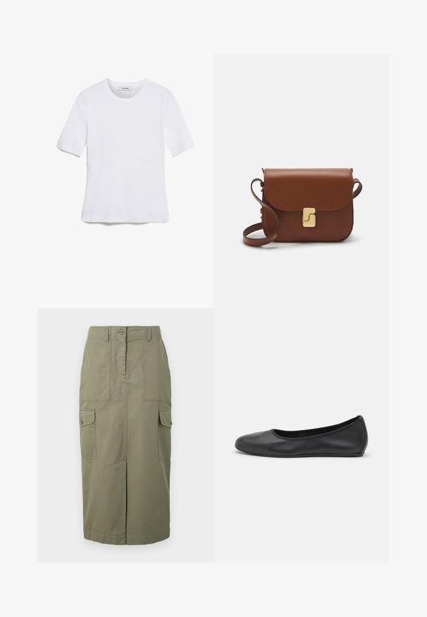T-shirt blanc à manches courtes en tissu côtelé. Col rond, coupe régulière et détails de couture subtils. Aucune motif ni graphique.; Jupe cargo en olive, en mélange de coton. Présente des poches avant, une silhouette droite et une fente avant pour plus de mobilité.; Ballerines en cuir noir avec un bout rond, texture lisse, détails de couture minimalistes et design de semelle flexible.; Sac à main en cuir marron avec une fermeture à rabat, des accents en métal doré, une bandoulière et une texture lisse. Forme rectangulaire compacte.