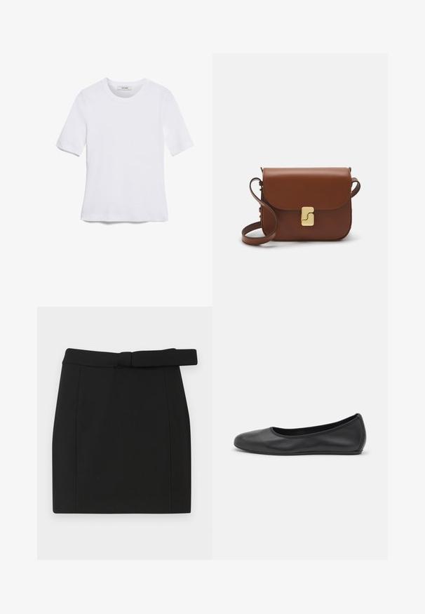 Fehér, rövid ujjú póló ribbed anyagból. Kerek nyakkivágás, normál szabás és diszkrét varrási részletek. Nincsenek minták vagy grafikák.; Fekete mini szoknya sima anyagból, övvel a deréknál, egyenes vonalakkal és tiszta varrásokkal, kiegészítő minták vagy díszítések nélkül.; Fekete bőr balettcipő lekerekített orral, sima tekstúrával, minimális varrással és rugalmas talp kialakítással.; Barna bőr kézitáska, hajtókás zárással, arany színű fém kiegészítőkkel, vállpánttal és sima felülettel. Kompakt téglalap alakú.