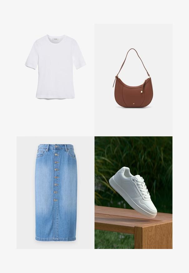 Hvit kortermet t-skjorte laget av ribbestrikket materiale. Rund hals, vanlig passform og subtile sømdetaljer. Ingen mønstre eller grafikk.; Blå denim midi-skjørt med rett snitt, med knappelukking foran, fem lommer og en falmet vask for tekstur.; Hvite sneakers med en glatt syntetisk overdel, perforert tåboks, flate snørebånd og en teksturert såle, vist på en treflate.; Brun kunstlæder skuldertaske med buet form, minimal syning og detaljer i guld-tonet hardware. Har en top lynlås lukning og justerbar rem.