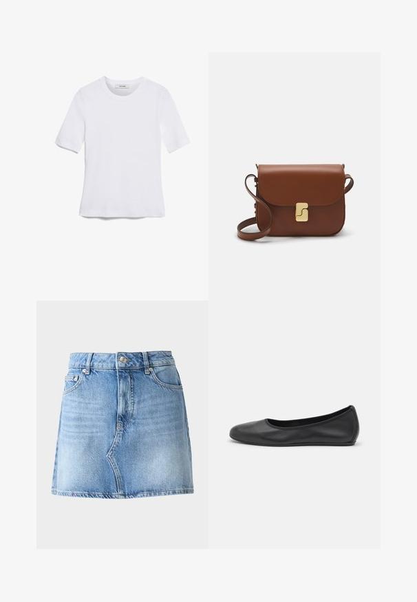 T-shirt de manga curta branca feita de tecido canelado. Decote redondo, ajuste regular e detalhes de costura subtis. Sem padrões ou gráficos.; Saia de ganga azul clara com cintura ajustada, ligeira desfiada na bainha e design de cinco bolsos. Apresenta um fecho com botão prateado e zip.; Bailarina preta em pele com bico arredondado, textura suave, detalhe de costura minimalista e design de sola flexível.; Bolsa de couro castanho com fecho de aba, decoração em tom dourado, alça de ombro e textura suave. Formato retangular compacto.