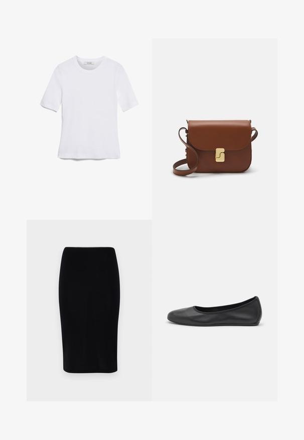 Bílá tričko s krátkým rukávem vyrobené z žebrované tkaniny. Kulatý výstřih, normální střih a jemné detaily šití. Bez vzorů nebo grafik.; Černá tužková sukně vyrobená z hladké, elastické tkaniny. Má přiléhavý střih a elastický pas pro pohodlí.; Černé kožené baletní byty s kulatou špičkou, hladkou texturou, minimálními švy a flexibilním designem podrážky.; Hnědá kožená kabelka s klopou, zlatými kovovými detaily, ramenním popruhem a hladkým povrchem. Kompaktní obdélníkový tvar.