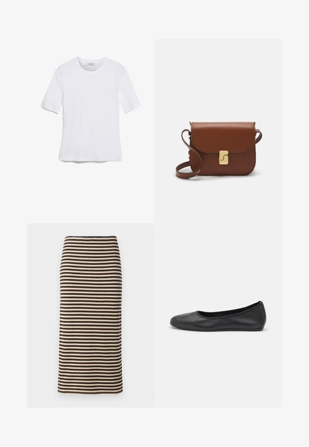 Bela kratka majica s kratkimi rokavi iz rebrastega materiala. Okrogla ovratnica, običajen kroj in subtilni šivi. Brez vzorcev ali grafik.; Pletena svinčnik krila s horizontalnimi črnimi in bež črtami, ki ima prilegajočo obliko in gladko teksturo. Rob je raven in čist.; Črne usnjene balerinke z zaobljenim nosom, gladko teksturo, minimalnimi šivi in fleksibilno zasnovo podplata.; Rjava usnjena torbica s poklopcem, zlato obarvani okovi, naramnica in gladka tekstura. Kompaktna pravokotna oblika.