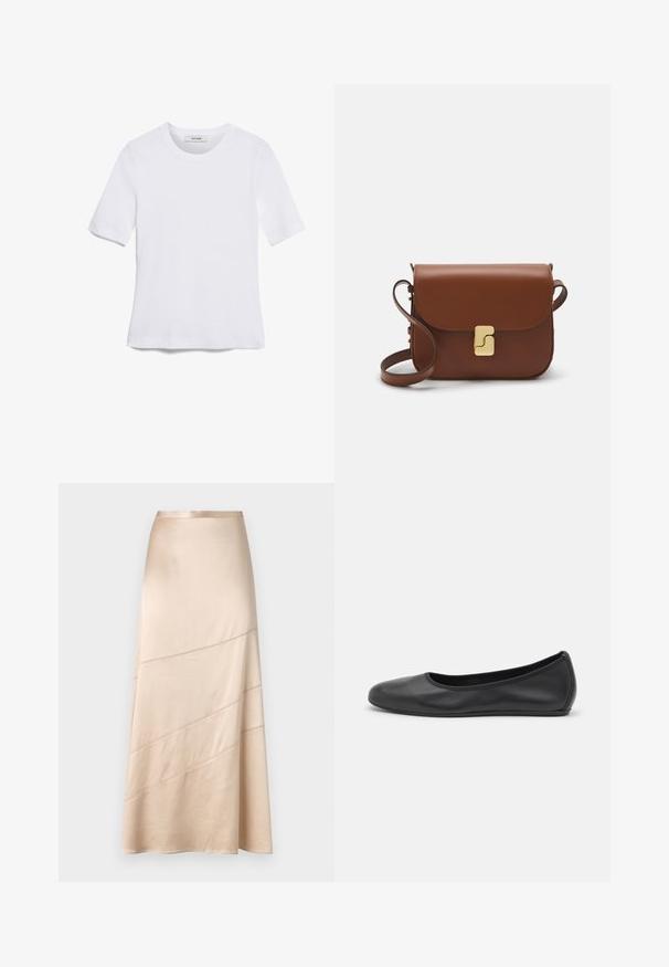 Bílá tričko s krátkým rukávem vyrobené z žebrované tkaniny. Kulatý výstřih, normální střih a jemné detaily šití. Bez vzorů nebo grafik.; Světlý béžový saténový midi sukni s volným střihem, diagonálními švy a hladkou texturou s jemným leskem.; Černé kožené baletní byty s kulatou špičkou, hladkou texturou, minimálními švy a flexibilním designem podrážky.; Hnědá kožená kabelka s klopou, zlatými kovovými detaily, ramenním popruhem a hladkým povrchem. Kompaktní obdélníkový tvar.