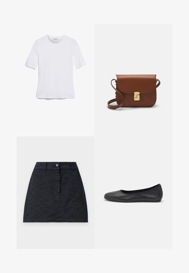 Vit kortärmad t-shirt i ribbat tyg. Rund halsringning, normal passform och diskreta sömdetaljer. Inga mönster eller tryck.; Svart kjol med en texturerad mönster, som har en framknäppning, två fickor och en skräddarsydd passform. Tillverkad av hållbart tyg.; Svart läderballerinaskor med rund tå, slät yta, minimala söm detaljer och en flexibel sula.; Brun läderhandväska med klaffstängning, guldfärgad hårdvara, axelrem och en slät yta. Kompakt rektangulär form.