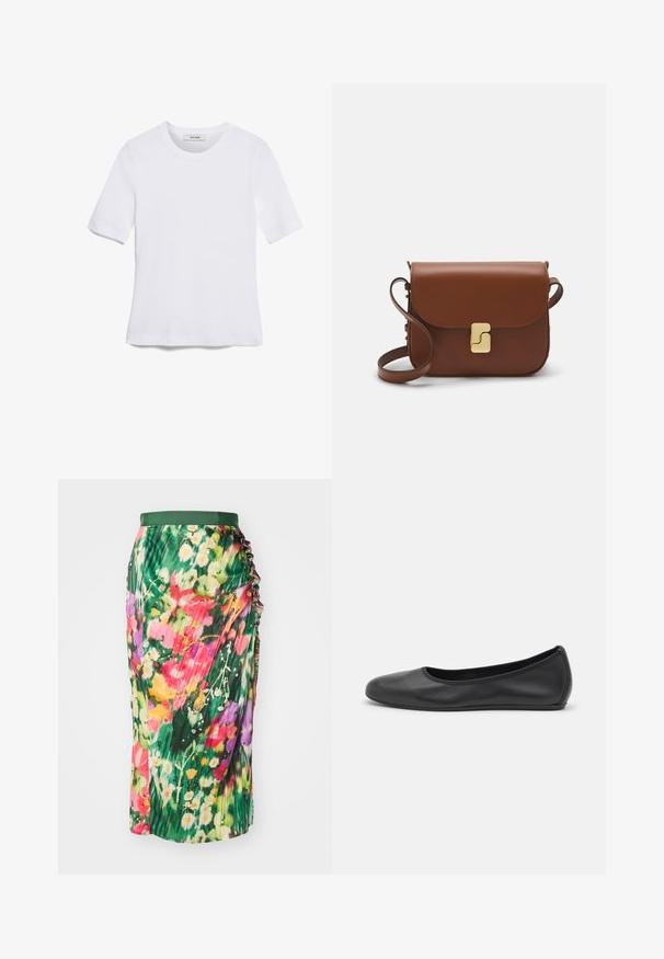 Bílá tričko s krátkým rukávem vyrobené z žebrované tkaniny. Kulatý výstřih, normální střih a jemné detaily šití. Bez vzorů nebo grafik.; Květinová midi sukně s zeleným pasem, sklady a barevným vzorem květin s růžovými, fialovými a žlutými akcenty.; Černé kožené baletní byty s kulatou špičkou, hladkou texturou, minimálními švy a flexibilním designem podrážky.; Hnědá kožená kabelka s klopou, zlatými kovovými detaily, ramenním popruhem a hladkým povrchem. Kompaktní obdélníkový tvar.