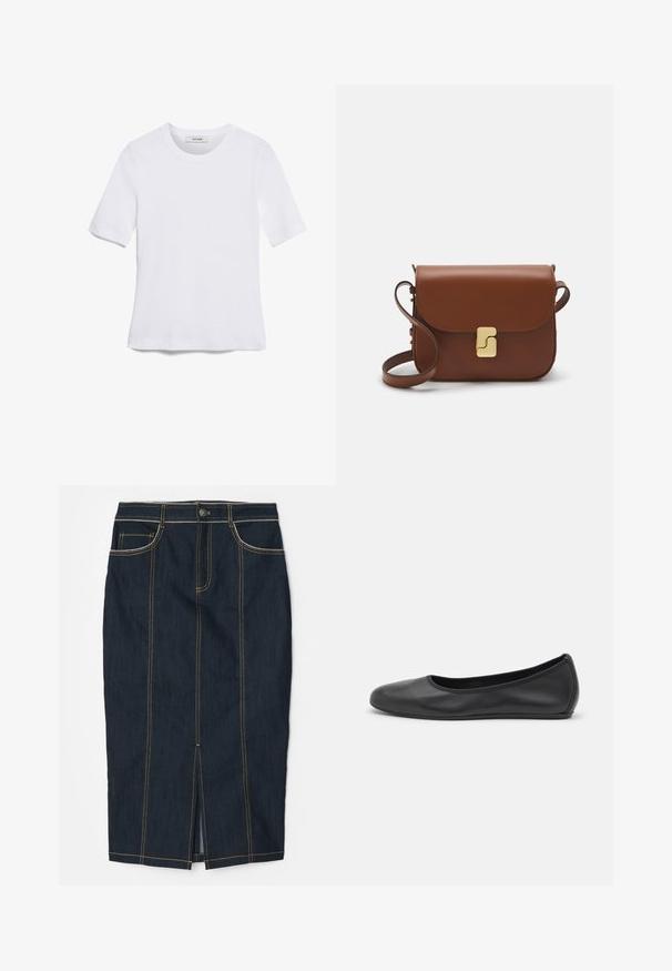 Valge lühikeste varrukatega T-särk ribatud kangast. Ümara kaelusega, tavalisest sobivusest ja peente õmbluse detailidega. Ilma mustrite või graafikateta.; Tume denimist valmistatud pliiats-seelik, millel on kollased õmblused, ees lõhik, viis taskut ja nööbiga kinnitamine vööl. Ühtlane tekstuur kogu ulatuses.; Musthave mustika tantsutossud mustast nahast, ümmarguse varbaga, siledast tekstuurist, minimaalse õmblusdetailiga ja paindliku tallakujundusega.; Pruunist nahast käekott, millel on klapiga sulgur, kuldne riistvara, õlarihm ja sile tekstuur. Kompaktne ristkülikukujuline vorm.