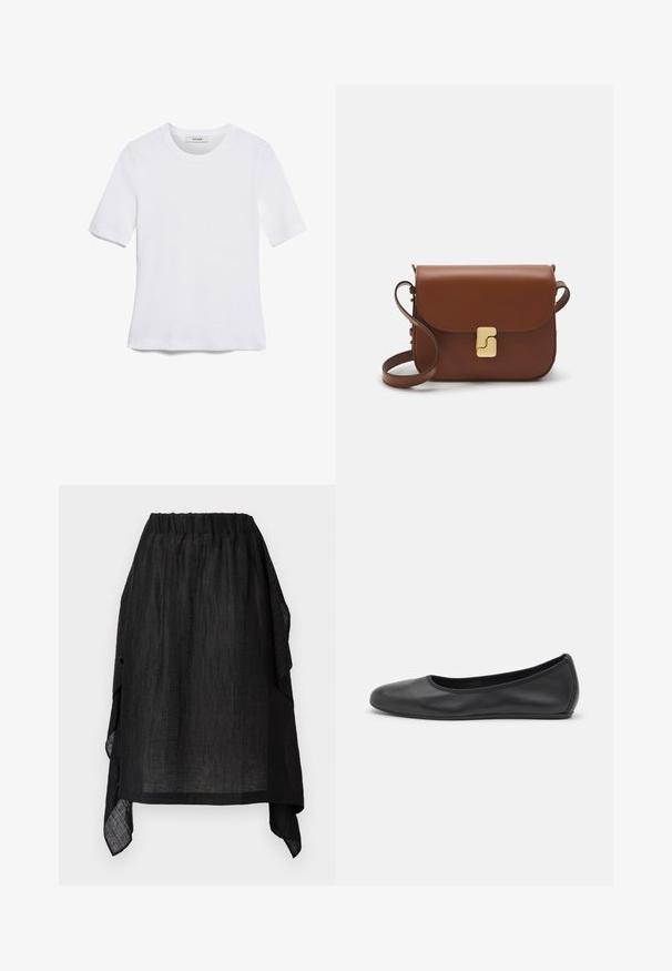 Άσπρο κοντομάνικο μπλουζάκι φτιαγμένο από ριγέ ύφασμα. Στρογγυλή λαιμόκοψη, κανονική εφαρμογή και διακριτές λεπτομέρειες ραφής. Χωρίς σχέδια ή γραφικά.; Henrik Vibskov UNCUT SKIRT - Φούστα σε γραμμή Α - black; Μαύρο δερμάτινο μπαλαρίνι με στρογγυλή μύτη, λεία υφή, ελάχιστες λεπτομέρειες ραφής και σχεδίαση ευέλικτης σόλας.; Καφέ δερμάτινη τσάντα χειρός με κλείσιμο καπάκι, χρυσές λεπτομέρειες, ιμάντα ώμου και λεία υφή. Συμπαγές ορθογώνιο σχήμα.