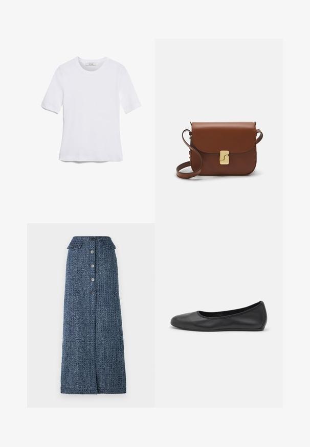 Fehér, rövid ujjú póló ribbed anyagból. Kerek nyakkivágás, normál szabás és diszkrét varrási részletek. Nincsenek minták vagy grafikák.; Sötét kék farmer maxi szoknya textúrált felülettel, gombos elejével, két fahasáb zsebével és enyhe elülső hasítékkal.; Fekete bőr balettcipő lekerekített orral, sima tekstúrával, minimális varrással és rugalmas talp kialakítással.; Barna bőr kézitáska, hajtókás zárással, arany színű fém kiegészítőkkel, vállpánttal és sima felülettel. Kompakt téglalap alakú.