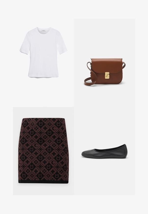 Witte korte mouwen t-shirt van ribstof. Ronde halslijn, normale pasvorm en subtiele stiksels. Geen patronen of grafische elementen.; Gebreide rok met een geometrisch zwart en bruin patroon met verschillende symbolen, een aansluitende vorm en een zwarte tailleband aan de zoom.; Zwarte leren ballerina met een ronde neus, gladde textuur, minimale stikdetails en een flexibele zoolontwerp.; Bruine leren handtas met een klep sluiting, gouden hardware, een schouderband en een gladde textuur. Compact rechthoekige vorm.