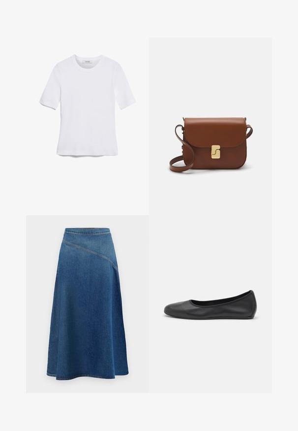 Valkoinen lyhythihainen t-paita, joka on valmistettu ribbytedusta kankaasta. Pyöreä pääntiie, normaali istuvuus ja hienovaraiset ompeluyksityiskohdat. Ei kuvioita tai grafiikkaa.; Tummansinisestä denimistä valmistettu A-linjainen hame, jossa on korkea vyötärö, vinot saumat ja levenevä helma rentoa istuvuutta varten.; Musta nahkainen ballerina, jossa on pyöristetty kärki, sileä pinta, minimaalinen ommelkoristelu ja joustava pohjamuotoilu.; Ruskea nahkainen käsilaukku, jossa on läppäkiinnitys, kultasävyiset yksityiskohdat, olkahihna ja sileä pinta. Kompaktin suorakaiteen muotoinen.