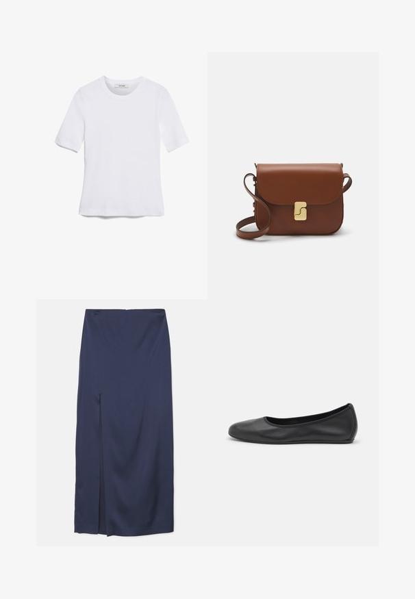 Bijela majica s kratkim rukavima izrađena od rebraste tkanine. Okrugli izrez, klasičan kroj i suptilni detalji šivanja. Bez uzoraka ili grafika.; Morska plava midi suknja od glatkog materijala s prednjim prorezom, koja ima prilagođeni pojas i drapirani dizajn za fluidno kretanje.; Crne kožne baletanke s zaobljenim vrhom, glatke teksture, minimalnim detaljima šavova i fleksibilnim dizajnom potplata.; Smeđa kožna torba s preklopom, zlatnim detaljima, remenom za nošenje preko ramena i glatkom teksturom. Kompaktni pravokutni oblik.