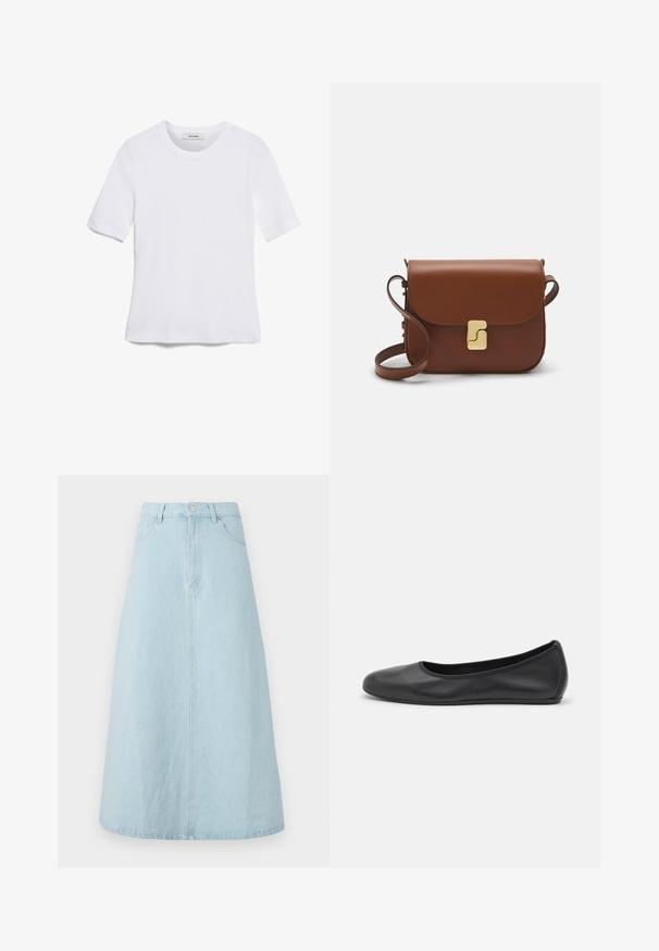 White short-sleeve t-shirt made of ribbed fabric. Round neckline, regular fit, and subtle stitching details. No patterns or graphics.; Light blue denim skirt, knee-length, A-line silhouette, with a waistband, front button closure, and two side pockets. Smooth texture.; Black leather ballet flat with a rounded toe, smooth texture, minimal stitching detail, and a flexible sole design.; Brown leather handbag with a flap closure, gold-tone hardware, a shoulder strap, and a smooth texture. Compact rectangular shape.