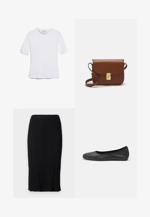 Tricou alb cu mânecă scurtă, confectionat dintr-un material texturat. Gât rotund, tăietură regulară și detalii subtile de cusătură. Fără modele sau grafice.; Fustă midi neagră cu pliseuri verticale, talie elastică și fante pe lateral. Fabricată dintr-un material elastic, cu textură netedă și design ajustat.; Balerini din piele neagră, cu vârf rotund, textură netedă, detalii de cusătură minimale și un design al tălpii flexibil.; Geantă de piele maro cu închidere tip capac, accesorii de culoare aurie, curea de umăr și o textură netedă. Formă compactă și rectangulară.