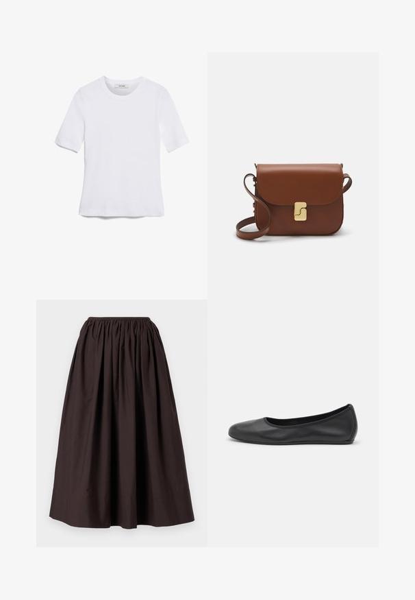 Fehér, rövid ujjú póló ribbed anyagból. Kerek nyakkivágás, normál szabás és diszkrét varrási részletek. Nincsenek minták vagy grafikák.; Barna, bokaig érő szoknya könnyű anyagból, rugalmas derékkal és redőzött kialakítással, amely dús hatást kölcsönöz.; Fekete bőr balettcipő lekerekített orral, sima tekstúrával, minimális varrással és rugalmas talp kialakítással.; Barna bőr kézitáska, hajtókás zárással, arany színű fém kiegészítőkkel, vállpánttal és sima felülettel. Kompakt téglalap alakú.