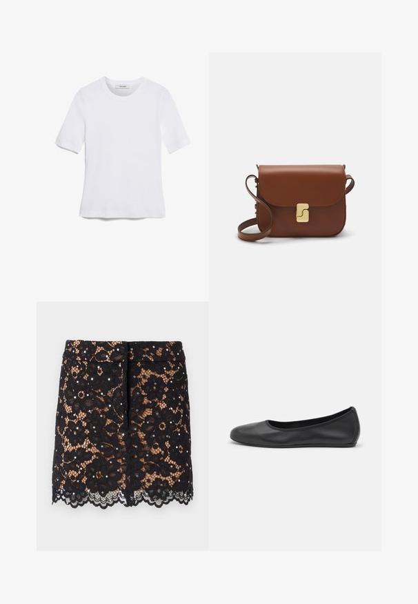 T-shirt blanc à manches courtes en tissu côtelé. Col rond, coupe régulière et détails de couture subtils. Aucune motif ni graphique.; Jupe en dentelle noire avec des motifs floraux, des rhinestones décoratifs, un ourlet festonné et une coupe ajustée. Tombe à mi-cuisse.; Ballerines en cuir noir avec un bout rond, texture lisse, détails de couture minimalistes et design de semelle flexible.; Sac à main en cuir marron avec une fermeture à rabat, des accents en métal doré, une bandoulière et une texture lisse. Forme rectangulaire compacte.