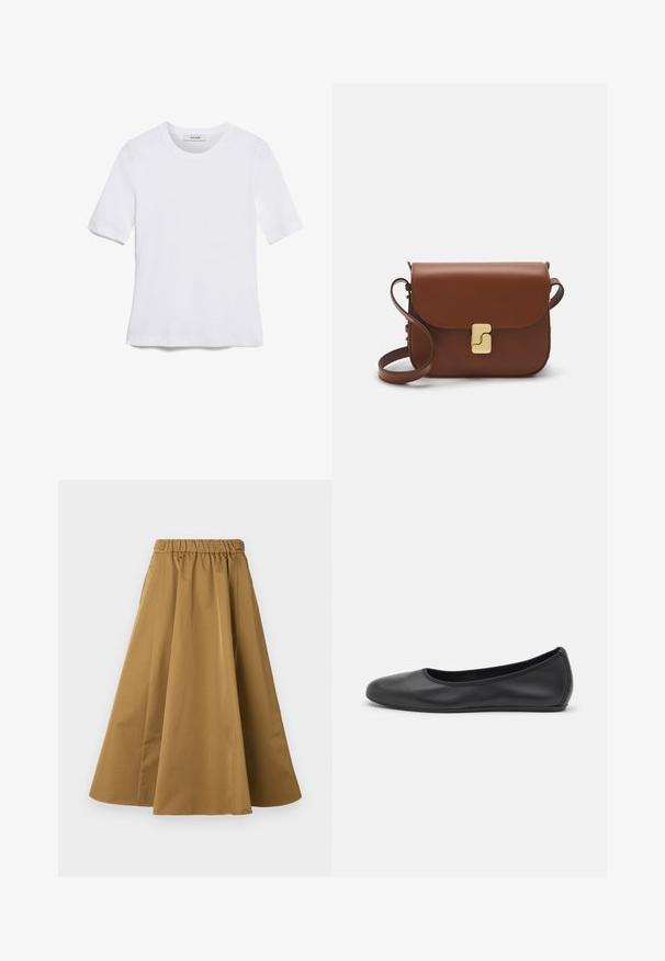 Weißes kurzärmliges T-Shirt aus geripptem Stoff. Runder Halsausschnitt, normale Passform und dezente Nähte. Keine Muster oder Grafiken.; Brauner, knöchellanger Rock aus glattem Baumwollstoff, mit einem elastischen Taillengummi für zusätzlichen Komfort und dezenten Falten für mehr Volumen.; Schwarze Leder-Ballettschuhe mit abgerundeter Spitze, glatter Textur, minimalen Nähdetails und einem flexiblen Sohlen-Design.; Braune Ledertasche mit Klappenverschluss, Beschlägen in Goldfarbe, einem Schultergurt und einer glatten Oberfläche. Kompakte rechteckige Form.