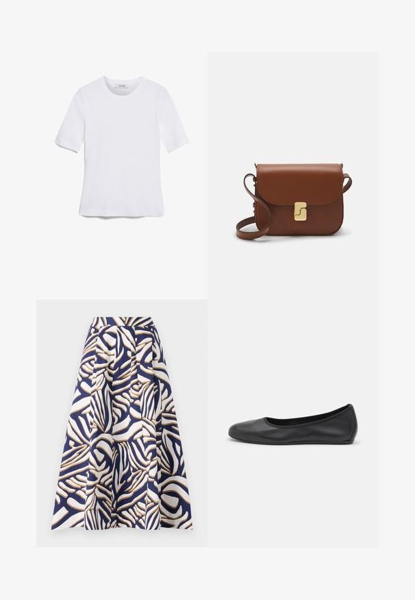 Fehér, rövid ujjú póló ribbed anyagból. Kerek nyakkivágás, normál szabás és diszkrét varrási részletek. Nincsenek minták vagy grafikák.; Térd fölötti pamut szoknya, tengerészkék háttérrel, az élénk fehér és arany absztrakt minták díszítik; a redők extra volumenet biztosítanak.; Fekete bőr balettcipő lekerekített orral, sima tekstúrával, minimális varrással és rugalmas talp kialakítással.; Barna bőr kézitáska, hajtókás zárással, arany színű fém kiegészítőkkel, vállpánttal és sima felülettel. Kompakt téglalap alakú.