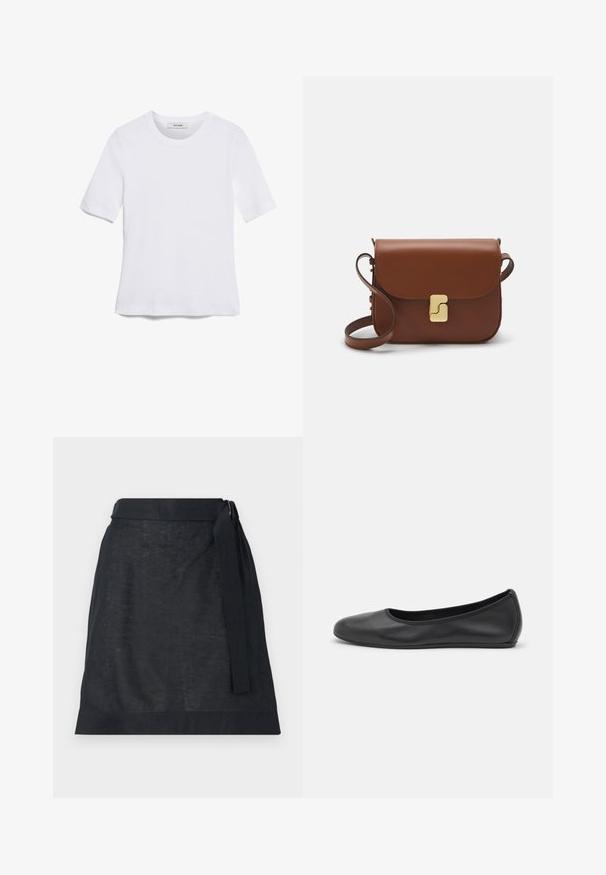 Bela kratka majica s kratkimi rokavi iz rebrastega materiala. Okrogla ovratnica, običajen kroj in subtilni šivi. Brez vzorcev ali grafik.; Temno platnena obleka v obliki ovitka s ravno krojem, ki ima pas za vezanje in subtilno teksturo. Brez vidnih vzorcev ali strojnih detajlov.; Črne usnjene balerinke z zaobljenim nosom, gladko teksturo, minimalnimi šivi in fleksibilno zasnovo podplata.; Rjava usnjena torbica s poklopcem, zlato obarvani okovi, naramnica in gladka tekstura. Kompaktna pravokotna oblika.