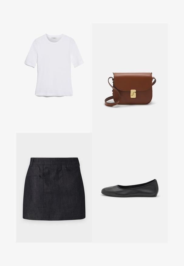 T-shirt blanc à manches courtes en tissu côtelé. Col rond, coupe régulière et détails de couture subtils. Aucune motif ni graphique.; Jupe en denim foncé avec une coupe droite, dotée de deux poches avant et d'une texture subtile. Ourlet net et design de taille standard.; Ballerines en cuir noir avec un bout rond, texture lisse, détails de couture minimalistes et design de semelle flexible.; Sac à main en cuir marron avec une fermeture à rabat, des accents en métal doré, une bandoulière et une texture lisse. Forme rectangulaire compacte.