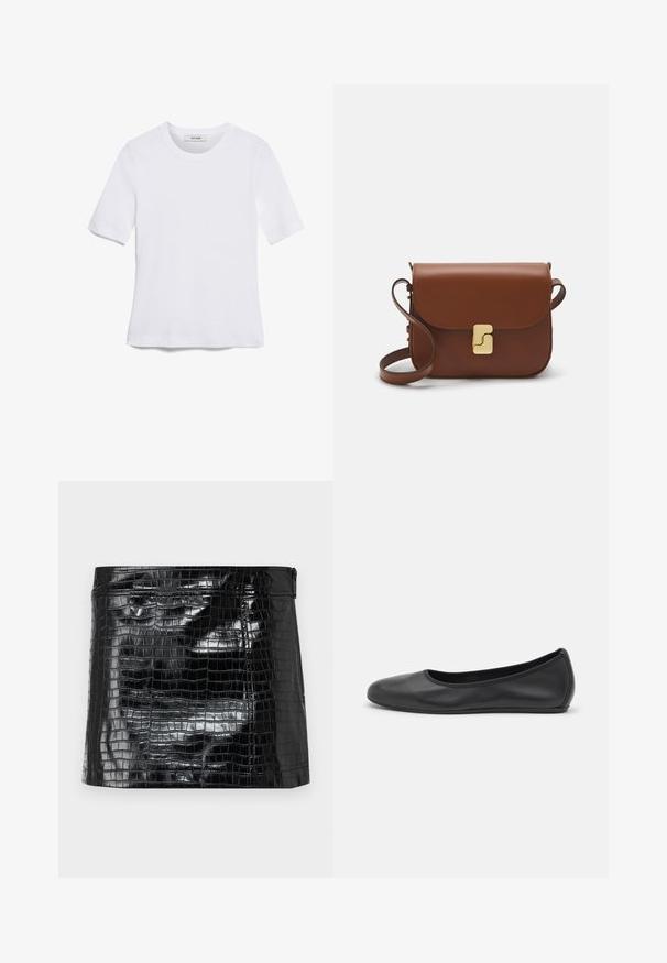 White short-sleeve t-shirt made of ribbed fabric. Round neckline, regular fit, and subtle stitching details. No patterns or graphics.; Black, glossy vinyl clutch bag featuring a crocodile skin pattern, smooth texture, and a zip closure at the top. Compact rectangular shape.; Black leather ballet flat with a rounded toe, smooth texture, minimal stitching detail, and a flexible sole design.; Brown leather handbag with a flap closure, gold-tone hardware, a shoulder strap, and a smooth texture. Compact rectangular shape.