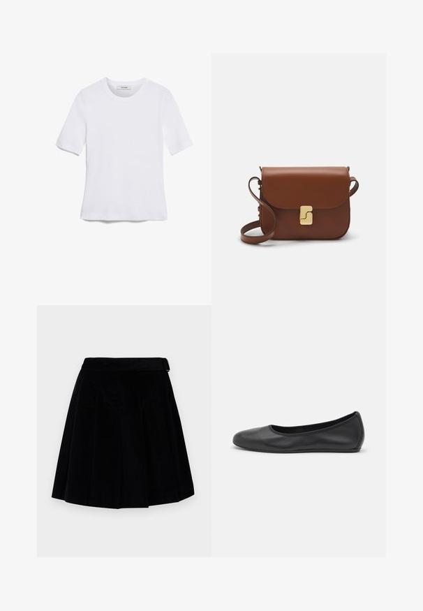 Bijela majica s kratkim rukavima izrađena od rebraste tkanine. Okrugli izrez, klasičan kroj i suptilni detalji šivanja. Bez uzoraka ili grafika.; WEEKEND MaxMara ZUCCA - Suknja A kroja - nero; Crne kožne baletanke s zaobljenim vrhom, glatke teksture, minimalnim detaljima šavova i fleksibilnim dizajnom potplata.; Smeđa kožna torba s preklopom, zlatnim detaljima, remenom za nošenje preko ramena i glatkom teksturom. Kompaktni pravokutni oblik.