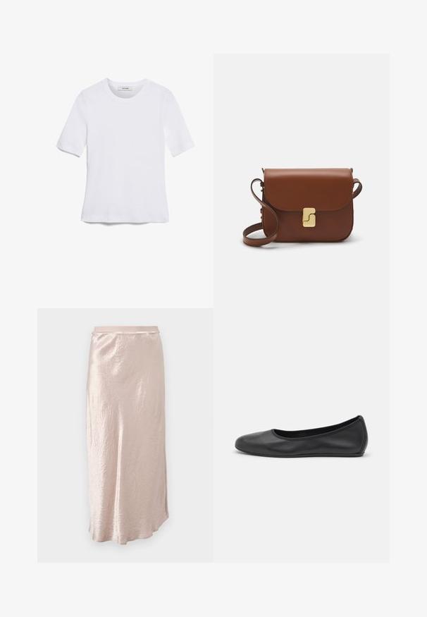 Camiseta de manga corta blanca hecha de tela de canalé. Cuello redondo, corte regular y detalles de costura sutiles. Sin patrones ni gráficos.; Max Mara Leisure ALESSIO - Falda acampanada - cipria; Bailarina de piel negra con punta redondeada, textura suave, detalle de costura minimalista y diseño de suela flexible.; Bolso de mano de cuero marrón con cierre de solapa, herrajes en tono dorado, correa para el hombro y una textura suave. Forma rectangular compacta.