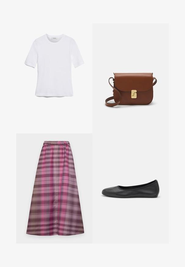 Hvid kortærmet t-shirt lavet af ribbet stof. Rund halsudskæring, almindelig pasform og subtile syninger. Ingen mønstre eller grafik.; Lang ternet nederdel med varierende nuancer af pink, lilla og brun. Lavet af et glat stof med elastisk afstand for komfort.; Sort læderballetsko med rund tå, glat tekstur, minimal syning og et fleksibelt såldesign.; Brun læder håndtaske med flaplukning, hardware i gyldent tone, en skulderrem og en glat overflade. Kompakt rektangulær form.