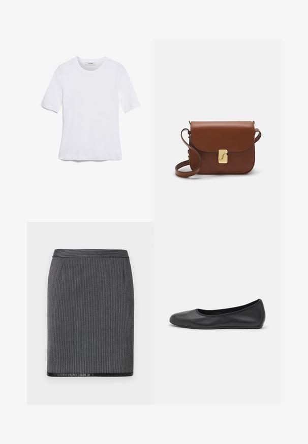 T-shirt blanc à manches courtes en tissu côtelé. Col rond, coupe régulière et détails de couture subtils. Aucune motif ni graphique.; Jupe crayon grise à côtes avec un ourlet noir lisse. Présente un design ajusté et une taille standard. La texture est tissée et sophistiquée.; Ballerines en cuir noir avec un bout rond, texture lisse, détails de couture minimalistes et design de semelle flexible.; Sac à main en cuir marron avec une fermeture à rabat, des accents en métal doré, une bandoulière et une texture lisse. Forme rectangulaire compacte.