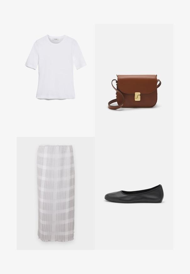 Bílá tričko s krátkým rukávem vyrobené z žebrované tkaniny. Kulatý výstřih, normální střih a jemné detaily šití. Bez vzorů nebo grafik.; Dlouhá, průhledná sukně v bílé barvě se šedým kostkovaným vzorem. Měkká, lehká tkanina s elastickým pasem, končící v délce nad kotníky.; Černé kožené baletní byty s kulatou špičkou, hladkou texturou, minimálními švy a flexibilním designem podrážky.; Hnědá kožená kabelka s klopou, zlatými kovovými detaily, ramenním popruhem a hladkým povrchem. Kompaktní obdélníkový tvar.