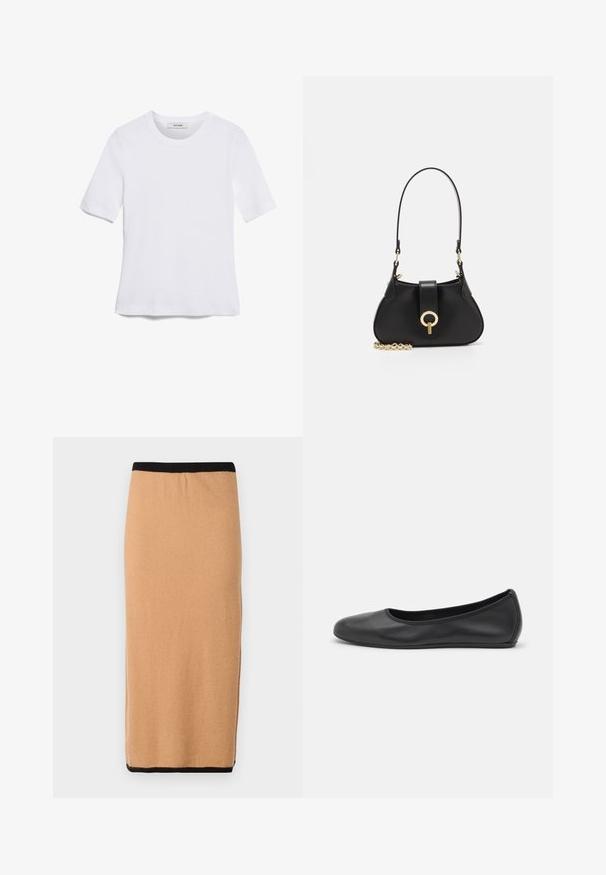 Balta īsām piedurknēm T-krekls, izgatavots no ribota auduma. Apaļš izgriezums, regulāra piegriezuma un diskrēti šuvumu detaļas. Bez printiem vai grafikām.; Knee garuma, kamieņu krāsas adīta svārki ar melnu elastīgu jostu un gludu tekstūru. Vienkāršs dizains, bez redzamām rakstām vai akcentiem.; Melna ādas baleta kurpe ar noapaļotu purngalu, gludu tekstūru, minimālu šuvju detalizāciju un elastīgu zoles dizainu.; sandro JANET - Rokassoma - noir