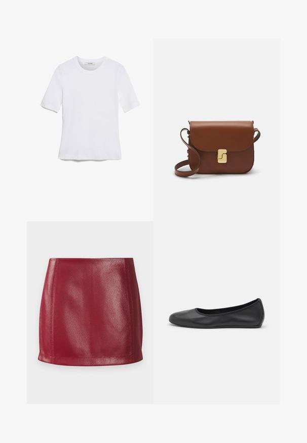 Bílá tričko s krátkým rukávem vyrobené z žebrované tkaniny. Kulatý výstřih, normální střih a jemné detaily šití. Bez vzorů nebo grafik.; Červená mini sukně z umělé kůže s hladkou texturou, přiléhavým střihem a rovný lem s jemným leskem a diagonálním vzorem.; Černé kožené baletní byty s kulatou špičkou, hladkou texturou, minimálními švy a flexibilním designem podrážky.; Hnědá kožená kabelka s klopou, zlatými kovovými detaily, ramenním popruhem a hladkým povrchem. Kompaktní obdélníkový tvar.