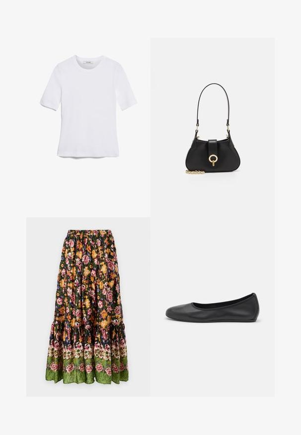 Fehér, rövid ujjú póló ribbed anyagból. Kerek nyakkivágás, normál szabás és diszkrét varrási részletek. Nincsenek minták vagy grafikák.; Pamut virágos maxi szoknya, sötétzöld alappal, színes virágmintákkal, elasztikus derékpánttal és rétegelt fodros szegéllyel.; Fekete bőr balettcipő lekerekített orral, sima tekstúrával, minimális varrással és rugalmas talp kialakítással.; sandro JANET - Kézitáska - noir