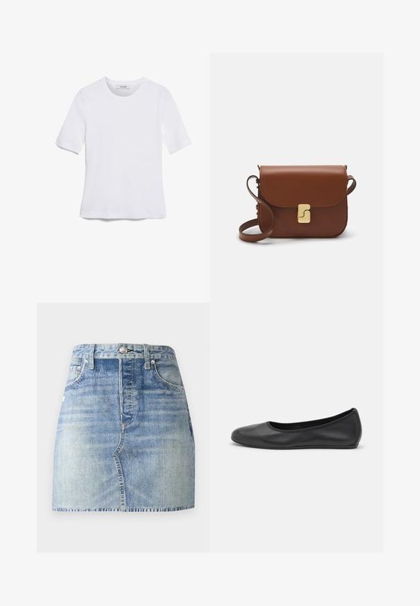 White short-sleeve t-shirt made of ribbed fabric. Round neckline, regular fit, and subtle stitching details. No patterns or graphics.; Denim skirt in light blue wash, high-waisted with a fitted design, frayed hem, and classic five-pocket style. Silver hardware accents.; Black leather ballet flat with a rounded toe, smooth texture, minimal stitching detail, and a flexible sole design.; Brown leather handbag with a flap closure, gold-tone hardware, a shoulder strap, and a smooth texture. Compact rectangular shape.