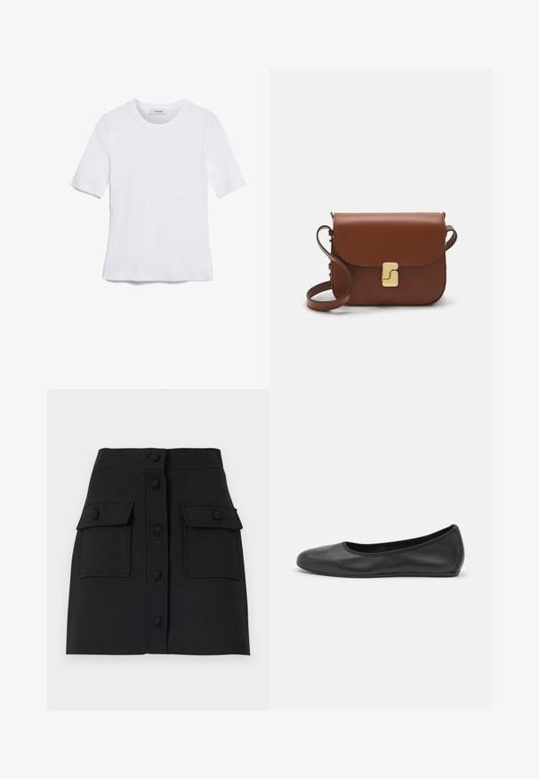 Bijela majica s kratkim rukavima izrađena od rebraste tkanine. Okrugli izrez, klasičan kroj i suptilni detalji šivanja. Bez uzoraka ili grafika.; Crna mini suknja od teksturiranog materijala s prednjim zatvaranjem na dugmad, dva preklopna džepa i krojem koji se uklapa.; Crne kožne baletanke s zaobljenim vrhom, glatke teksture, minimalnim detaljima šavova i fleksibilnim dizajnom potplata.; Smeđa kožna torba s preklopom, zlatnim detaljima, remenom za nošenje preko ramena i glatkom teksturom. Kompaktni pravokutni oblik.