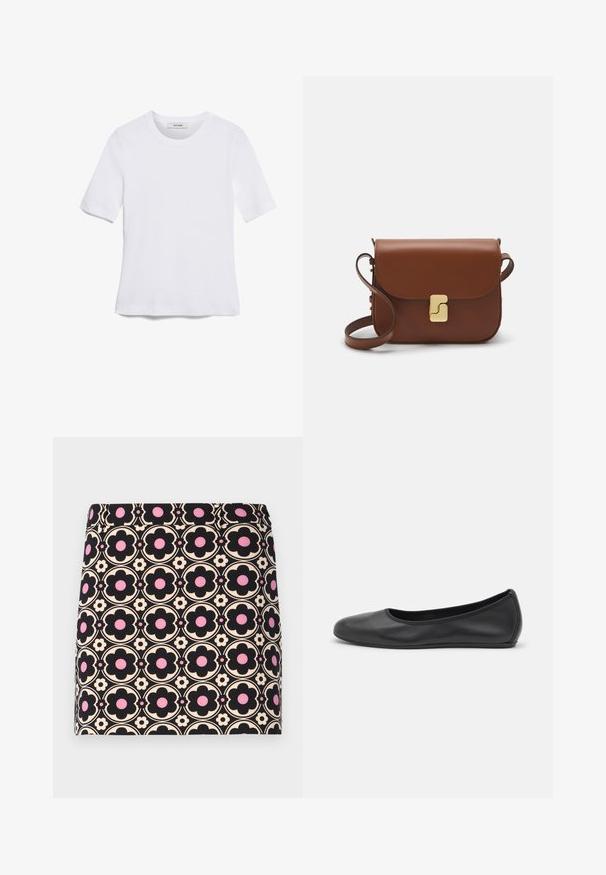Bela kratka majica s kratkimi rokavi iz rebrastega materiala. Okrogla ovratnica, običajen kroj in subtilni šivi. Brez vzorcev ali grafik.; Črna mini krila z ponavljajočim se cvetličnim vzorcem v črni, roza in kremni barvi. Gladka tekstura s prilega obliko in elastiko v pasu.; Črne usnjene balerinke z zaobljenim nosom, gladko teksturo, minimalnimi šivi in fleksibilno zasnovo podplata.; Rjava usnjena torbica s poklopcem, zlato obarvani okovi, naramnica in gladka tekstura. Kompaktna pravokotna oblika.