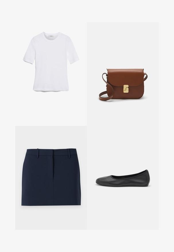 Bílá tričko s krátkým rukávem vyrobené z žebrované tkaniny. Kulatý výstřih, normální střih a jemné detaily šití. Bez vzorů nebo grafik.; Námořnická modrá sukně z hladké látky, s páskem v pase, předním zapínáním a čistými liniemi bez kapes a ozdob.; Černé kožené baletní byty s kulatou špičkou, hladkou texturou, minimálními švy a flexibilním designem podrážky.; Hnědá kožená kabelka s klopou, zlatými kovovými detaily, ramenním popruhem a hladkým povrchem. Kompaktní obdélníkový tvar.
