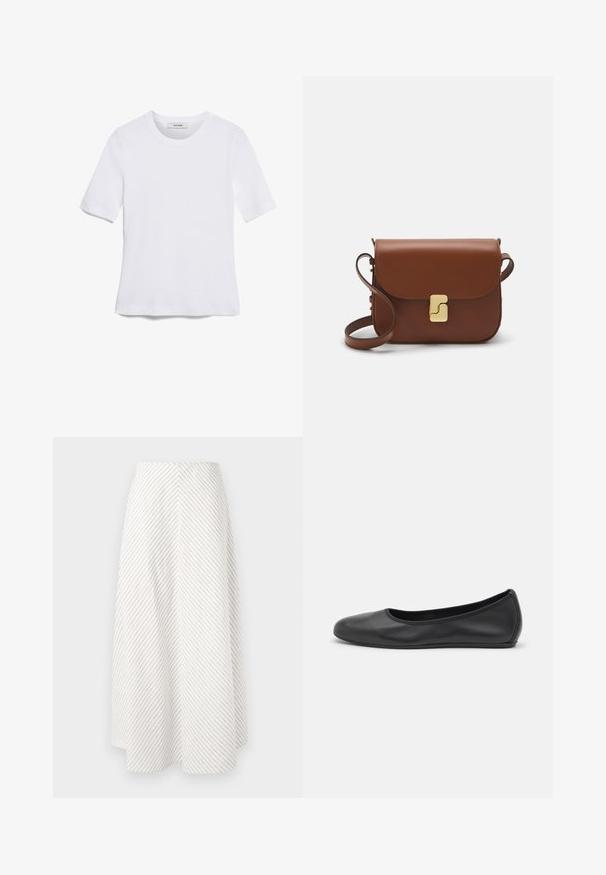 T-shirt blanc à manches courtes en tissu côtelé. Col rond, coupe régulière et détails de couture subtils. Aucune motif ni graphique.; Jupe blanche avec un motif rayé diagonal dans des tons sombres. Forme évasée, mi-longue, texture lisse et sans matériel ou accents visibles.; Ballerines en cuir noir avec un bout rond, texture lisse, détails de couture minimalistes et design de semelle flexible.; Sac à main en cuir marron avec une fermeture à rabat, des accents en métal doré, une bandoulière et une texture lisse. Forme rectangulaire compacte.