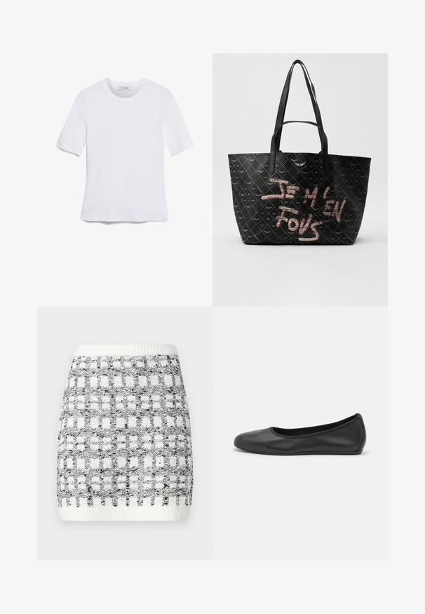 Valkoinen lyhythihainen t-paita, joka on valmistettu ribbytedusta kankaasta. Pyöreä pääntiie, normaali istuvuus ja hienovaraiset ompeluyksityiskohdat. Ei kuvioita tai grafiikkaa.; Mustekko mustassa ja valkoisessa, neliökuvioinen, jossa on ribbausvyötärö ja teksturoitu pinta. Polven ylle ulottuva pituus.; Musta nahkainen ballerina, jossa on pyöristetty kärki, sileä pinta, minimaalinen ommelkoristelu ja joustava pohjamuotoilu.; Musta olkalaukku, jossa on teksturoitu materiaali ja timanttikuvio, olkahihnat sekä rohkeaa punaista ja valkoista tekstiä, jossa lukee "JE M'EN FOUS."