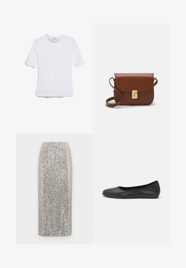 Balta īsām piedurknēm T-krekls, izgatavots no ribota auduma. Apaļš izgriezums, regulāra piegriezuma un diskrēti šuvumu detaļas. Bez printiem vai grafikām.; Sudrabota svītrainā midi svārki ar elastīgu jostasvīru. Audums ir rotāts ar mirdzošiem svītrojumiem, radot teksturētu apdari.; Melna ādas baleta kurpe ar noapaļotu purngalu, gludu tekstūru, minimālu šuvju detalizāciju un elastīgu zoles dizainu.; Bordo ādas rokas soma ar atloku, zeltītām detaļām, plecu siksnu un gludu virsmu. Kompakta, taisnstūrveida forma.