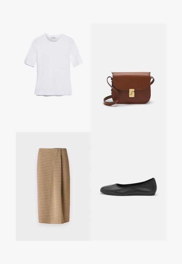Weißes kurzärmliges T-Shirt aus geripptem Stoff. Runder Halsausschnitt, normale Passform und dezente Nähte. Keine Muster oder Grafiken.; WEEKEND MaxMara DEBORAH - Bleistiftrock - cammello; Schwarze Leder-Ballettschuhe mit abgerundeter Spitze, glatter Textur, minimalen Nähdetails und einem flexiblen Sohlen-Design.; Braune Ledertasche mit Klappenverschluss, Beschlägen in Goldfarbe, einem Schultergurt und einer glatten Oberfläche. Kompakte rechteckige Form.