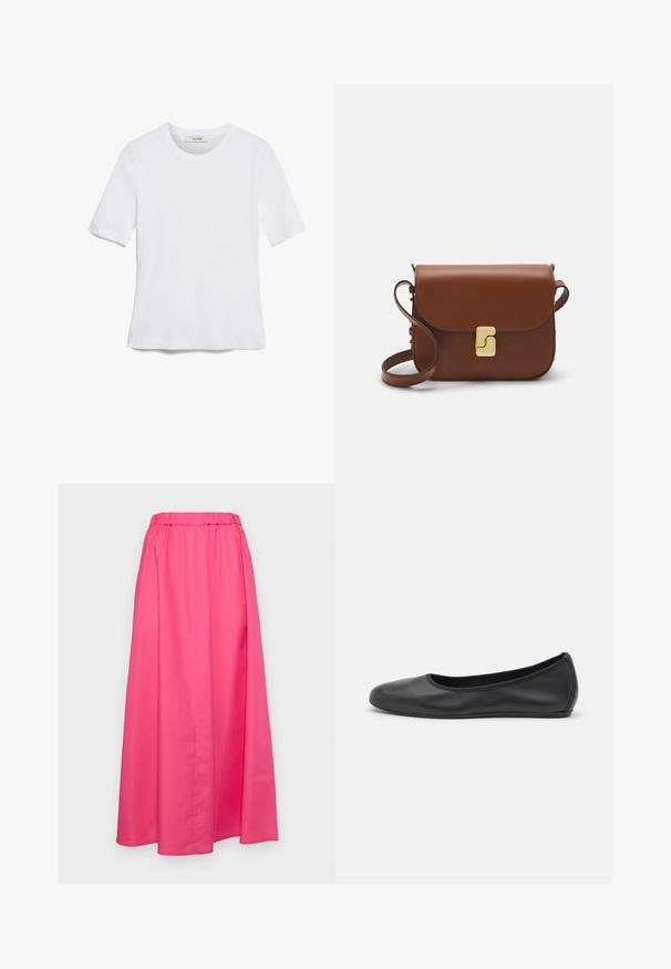 T-shirt bianca a maniche corte realizzata in tessuto a costine. Collo rotondo, vestibilità regolare e dettagli di cucitura sottili. Senza motivi o grafiche.; MAX&Co. MATRIGNA - Gonna lunga - azaleerot; Pantofole da balletto nere in pelle con punta arrotondata, texture liscia, dettagli di cucitura minimi e design con suola flessibile.; Borsa a tracolla in pelle marrone con chiusura a pattina, hardware color oro, tracolla e una finitura liscia. Forma rettangolare compatta.