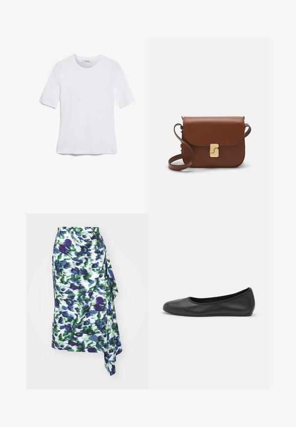 Balta īsām piedurknēm T-krekls, izgatavots no ribota auduma. Apaļš izgriezums, regulāra piegriezuma un diskrēti šuvumu detaļas. Bez printiem vai grafikām.; Ziedu apģērbs balta krāsā ar zilu un zaļu traipu rakstiem, mīksts audums, asimetriska apakšmala un pie sāna izkliedēta detaļa.; Melna ādas baleta kurpe ar noapaļotu purngalu, gludu tekstūru, minimālu šuvju detalizāciju un elastīgu zoles dizainu.; Bordo ādas rokas soma ar atloku, zeltītām detaļām, plecu siksnu un gludu virsmu. Kompakta, taisnstūrveida forma.