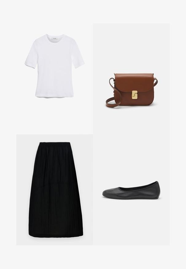 Tricou alb cu mânecă scurtă, confectionat dintr-un material texturat. Gât rotund, tăietură regulară și detalii subtile de cusătură. Fără modele sau grafice.; Fustă neagră până la genunchi, cu talie elastică, realizată dintr-un material ușor, texturat, cu plisuri verticale subtile. Design simplu.; Balerini din piele neagră, cu vârf rotund, textură netedă, detalii de cusătură minimale și un design al tălpii flexibil.; Geantă de piele maro cu închidere tip capac, accesorii de culoare aurie, curea de umăr și o textură netedă. Formă compactă și rectangulară.
