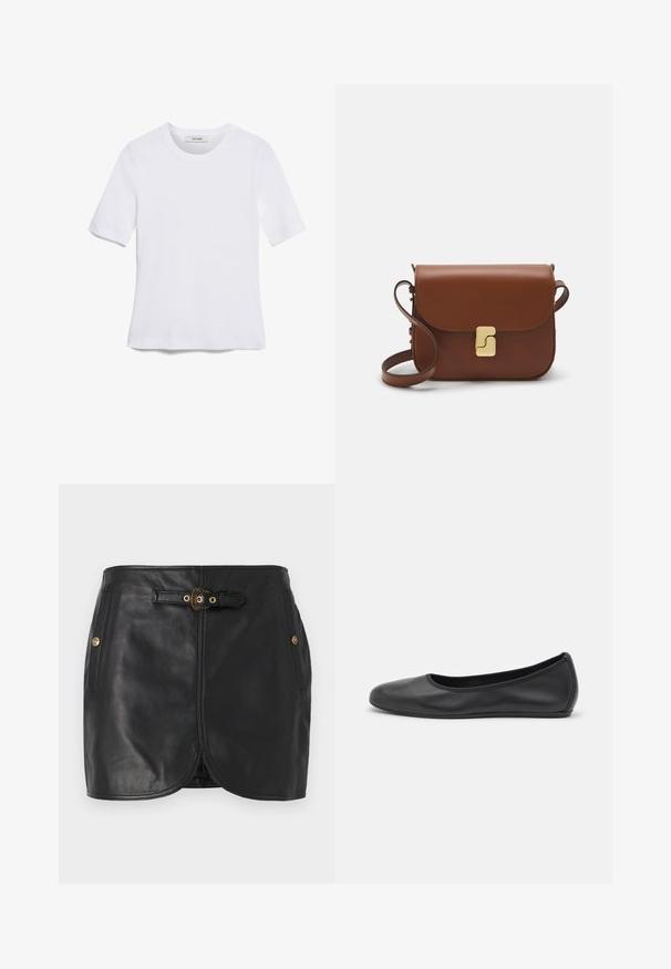 Fehér, rövid ujjú póló ribbed anyagból. Kerek nyakkivágás, normál szabás és diszkrét varrási részletek. Nincsenek minták vagy grafikák.; Fekete bőrszoknya testhezálló fazonnal, egyenes szabással, arany színű fém kiegészítőkkel, oldalsó zsebekkel és övvel díszített derékrésszel.; Fekete bőr balettcipő lekerekített orral, sima tekstúrával, minimális varrással és rugalmas talp kialakítással.; Barna bőr kézitáska, hajtókás zárással, arany színű fém kiegészítőkkel, vállpánttal és sima felülettel. Kompakt téglalap alakú.
