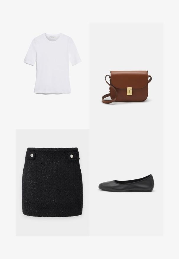 Tricou alb cu mânecă scurtă, confectionat dintr-un material texturat. Gât rotund, tăietură regulară și detalii subtile de cusătură. Fără modele sau grafice.; Fustă mini neagră dintr-un material texturat cu o strălucire subtilă. Are două butoane metalice argintii la talie pentru închidere.; Balerini din piele neagră, cu vârf rotund, textură netedă, detalii de cusătură minimale și un design al tălpii flexibil.; Geantă de piele maro cu închidere tip capac, accesorii de culoare aurie, curea de umăr și o textură netedă. Formă compactă și rectangulară.