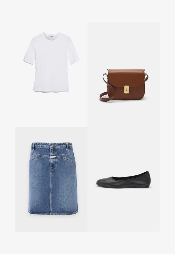 Balta īsām piedurknēm T-krekls, izgatavots no ribota auduma. Apaļš izgriezums, regulāra piegriezuma un diskrēti šuvumu detaļas. Bez printiem vai grafikām.; Vidēji zila džinsu svārku, ar taisnu griezumu, priekšējo pogu aizdari, piecu kabatu dizainu un vieglu izbalējušu tekstūru.; Melna ādas baleta kurpe ar noapaļotu purngalu, gludu tekstūru, minimālu šuvju detalizāciju un elastīgu zoles dizainu.; Bordo ādas rokas soma ar atloku, zeltītām detaļām, plecu siksnu un gludu virsmu. Kompakta, taisnstūrveida forma.