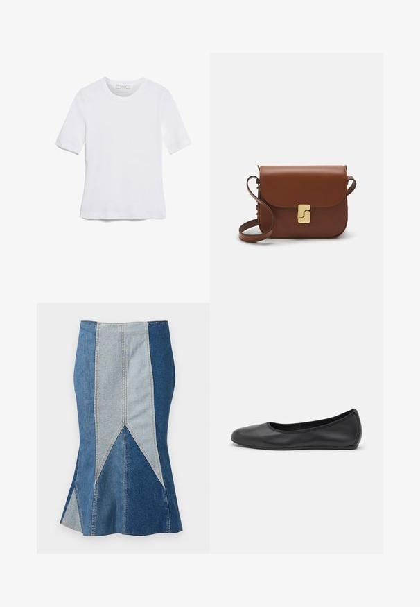 Bijela majica s kratkim rukavima izrađena od rebraste tkanine. Okrugli izrez, klasičan kroj i suptilni detalji šivanja. Bez uzoraka ili grafika.; Traper suknja s dizajnom u boji blokova u različitim nijansama plave, lepršavim rubom i vidljivim šavovima za strukturiranje.; Crne kožne baletanke s zaobljenim vrhom, glatke teksture, minimalnim detaljima šavova i fleksibilnim dizajnom potplata.; Smeđa kožna torba s preklopom, zlatnim detaljima, remenom za nošenje preko ramena i glatkom teksturom. Kompaktni pravokutni oblik.
