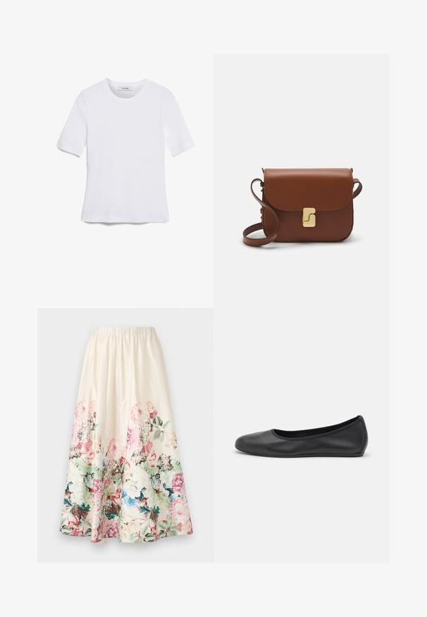 Valkoinen lyhythihainen t-paita, joka on valmistettu ribbytedusta kankaasta. Pyöreä pääntiie, normaali istuvuus ja hienovaraiset ompeluyksityiskohdat. Ei kuvioita tai grafiikkaa.; Kukallinen midi-hame, jossa on joustava vyötärö. Vaalean kerman värinen kangas, jossa on eloisa kukkakuosi vaaleanpunaisissa, vihreissä ja sinisissä sävyissä helmassa.; Musta nahkainen ballerina, jossa on pyöristetty kärki, sileä pinta, minimaalinen ommelkoristelu ja joustava pohjamuotoilu.; Ruskea nahkainen käsilaukku, jossa on läppäkiinnitys, kultasävyiset yksityiskohdat, olkahihna ja sileä pinta. Kompaktin suorakaiteen muotoinen.