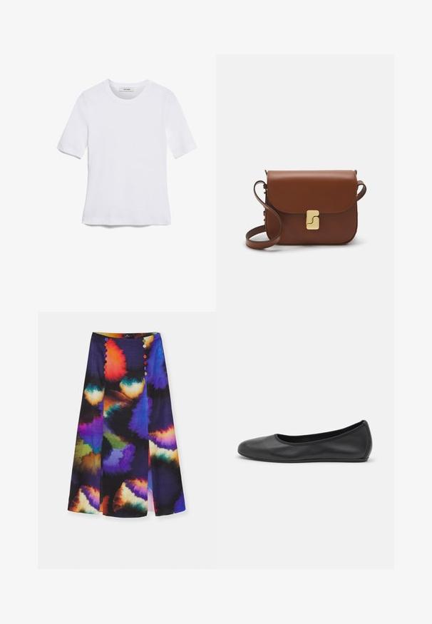 Biela krátka tričko s krátkymi rukávmi vyrobené z rebrovanej látky. Klasický okrúhly výstrih, bežný strih a jemné švy. Bez vzorov alebo grafiky.; PS Paul Smith WOMENS SKIRT - Puzdrová sukňa - multicolored; Čierne kožené baleríny s okrúhlou špičkou, hladkým povrchom, minimálnym prešívaním a flexibilným dizajnom podrážky.; Hnedá kožená kabelka s klopou, zlatými kovovými prvkami, ramenným popruhom a hladkým povrchom. Kompaktný obdĺžnikový tvar.